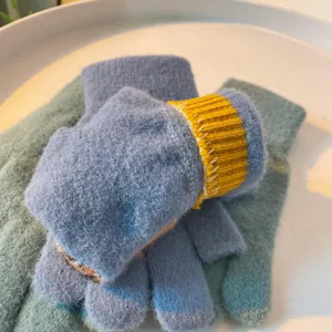 Kids winter warm half finger knitted gloves, cute blue and yellow color block, soft cozy.