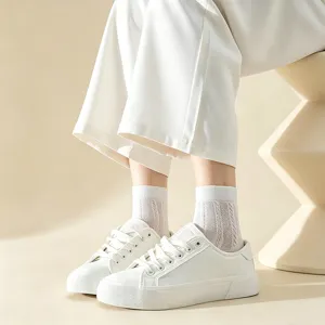 Women's white mid-calf socks breathable mesh cotton casual solid color summer student socks