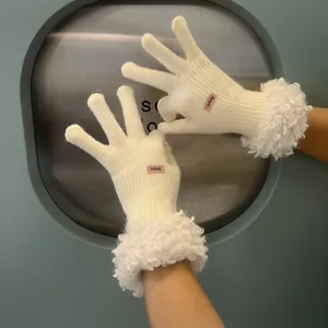 Winter women's touchscreen knit gloves with plush fur cuffs warm thick white main view