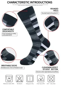 Close-up details of men's retro striped sock features, comfortable mouth and cushioned bottom.
