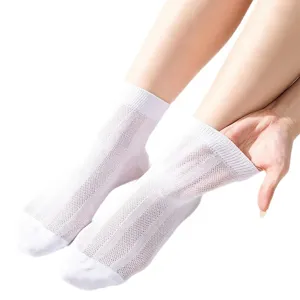 Women white mesh mid-calf socks, breathable thin cotton casual hosiery for summer daily wear.