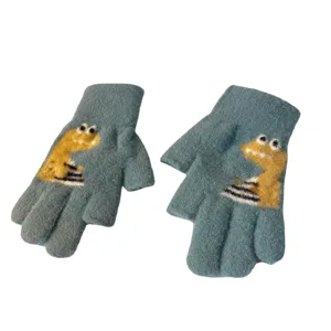 Blue-grey knitted half-finger children gloves featuring cute yellow dinosaur cartoon pattern winter warm
