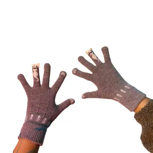 Winter warm touch screen knit cat gloves for women, cute split-finger thermal gloves.