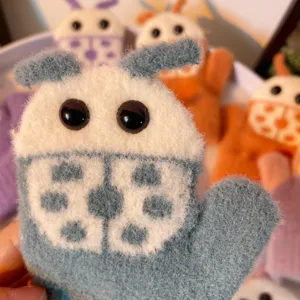 Cute cartoon beetle design winter knit mittens for kids, warm and cozy full-finger gloves.