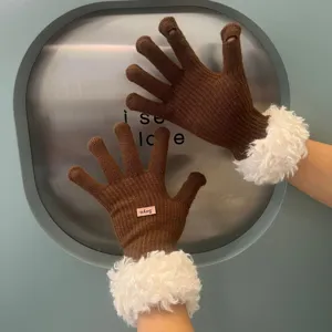 Women winter brown knit gloves with plush fleece cuffs warm touchscreen gloves for daily wear