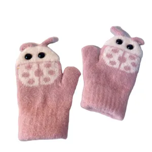 Cute pink toddler winter warm gloves with cartoon ladybug design, thick fleece lined mittens.
