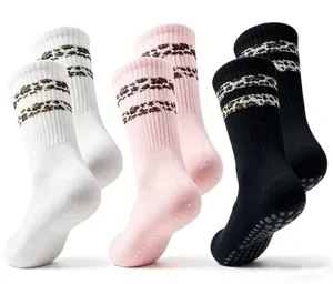Comfortable non-slip grip yoga socks for women, pilates floor socks with leopard print stripes.