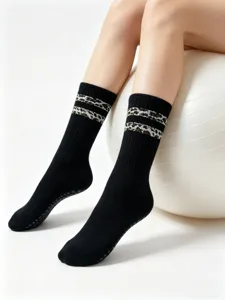 Non-slip yoga socks for women pilates grip socks with leopard stripe design black cotton