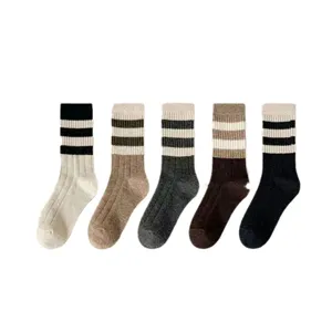 Autumn winter women striped crew socks retro college style warm cotton socks 5 pairs