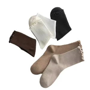 Japanese style women ruffled mid tube socks, cotton knit stacking socks, multi color set.