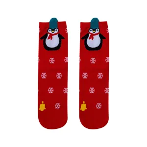 Christmas penguin pattern mid-tube socks, festive red winter warm cotton socks for women.