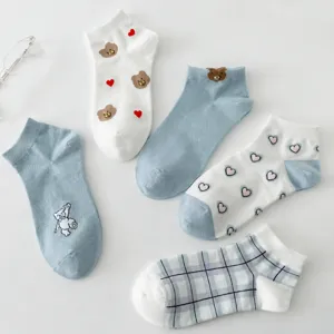 Women's Cute Cartoon Bear Print Short Socks Casual Breathable Cotton Low Cut Boat Socks