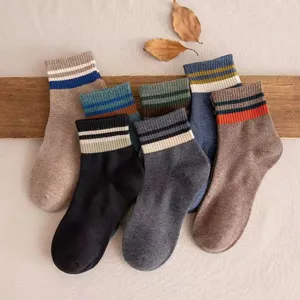 Men's Casual Crew Socks Japanese Style Striped Breathable Cotton Blend Sport Socks Spring Summer Fashion Hosiery