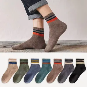 Men's mid-calf cotton socks with double stripe design, breathable and comfortable sports style.