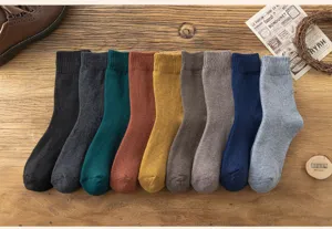 Thick cotton mid-calf socks detail view, cozy winter solid thermal terry socks for daily wear.