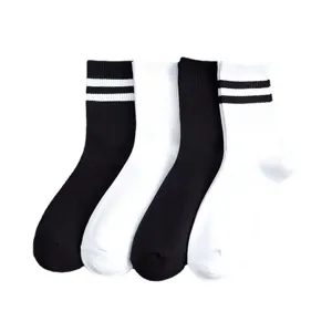 Classic black and white mid-tube socks with stripe design, comfortable casual cotton sports socks.