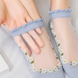 Summer sheer crystal socks women thin transparent glass silk floral short socks ankle socks