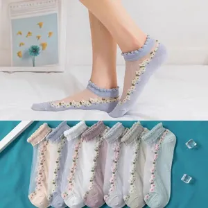 Summer sheer crystal ankle socks with floral embroidery, frilly lace trim and cotton sole.