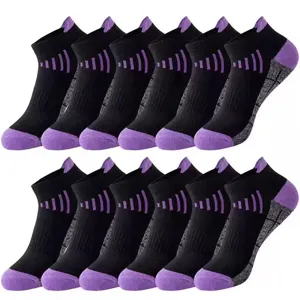 Schwarze und lila Sportsocken, atmungsaktive gestreifte Laufschuhesocken für Damen und Herren.