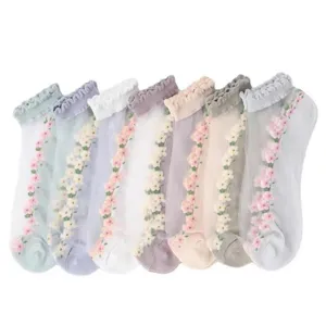 Women sheer crystal silk socks with floral embroidery and lettuce trim, summer thin short socks.