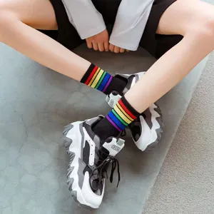 Women fashion mid-calf socks with colorful rainbow stripes black casual daily wear main image