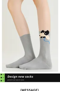 Grey women long cotton socks with cute cartoon character design, comfortable daily wear pair.