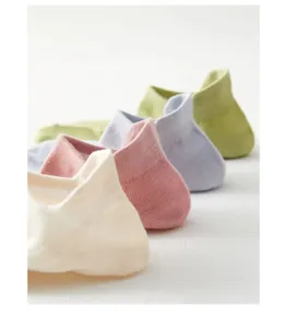 Detailed view of women candy color short socks with heel pull tab, thin breathable summer style.