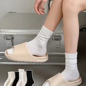 Women white mid tube slouch socks summer thin solid color cotton casual socks college style