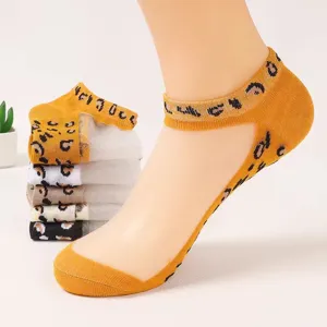 Calzini cristallo estate stampa leopardo, calze fantasma trasparenti sottili donna.