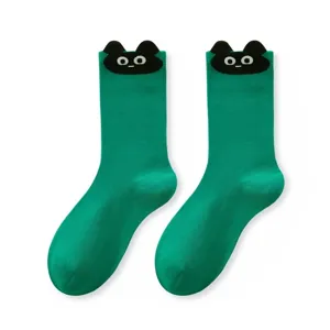 Cute green cartoon cat crew socks for women, soft cotton breathable casual hosiery.
