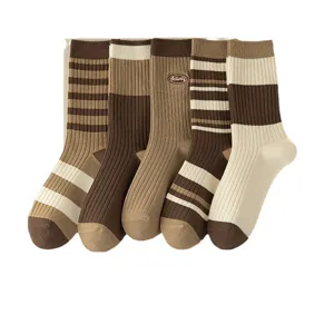 Maillard style women mid tube socks autumn winter striped knit cozy casual hosiery set