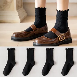 Women black ruffled crew socks sweet Japanese style JK college cute mid tube socks new