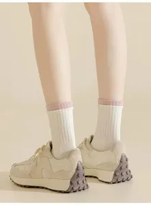 Ribbed cotton mid-tube socks for women, breathable daily wear sock detail view now.