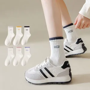 Women Crew Socks Sweat-Absorbent Breathable Cotton Blend Double Ribbed Cuff Solid Color Casual Sport Socks