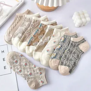 Summer women vintage floral lace low cut socks set breathable cotton casual short socks