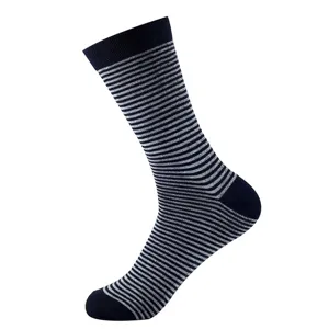 Detail view of men's crew sock featuring classic navy blue and grey horizontal fine stripes.