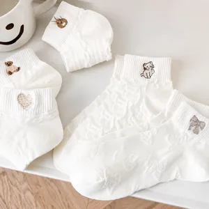 Japanese style cute embroidered white boat socks for women, soft breathable low-cut casual socks.