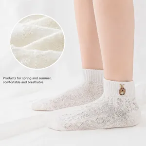 White mesh low cut short socks for women, breathable summer cute cartoon embroidered style.