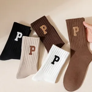 Unisex Autumn Winter Cotton Blend Mid Calf Socks Casual Letter Printed Fashion Daily Wear Comfortable Couple Socks