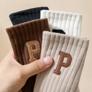 Fall winter cotton ribbed crew socks with letter P embroidery, multi-color casual socks for daily.