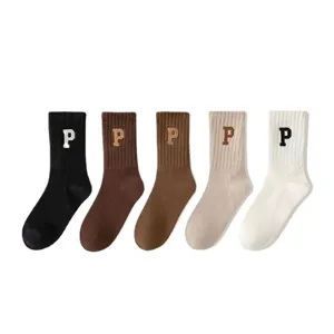 Cotton mid-tube socks for women and men with letter P embroidery, comfy daily wear.