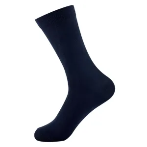 Men's solid navy blue mid-calf breathable business socks for daily use and sports.