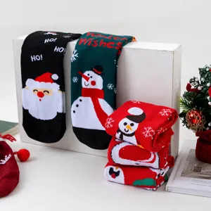 Cozy Christmas mid-calf socks featuring cute Santa and snowman patterns. Soft cotton winter socks.