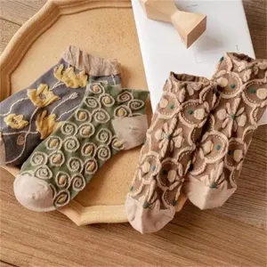 Vintage floral relief women short socks ins style literary spring summer cotton socks