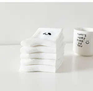 White mid-calf cotton socks for women featuring cute funny embroidery style for daily wear.