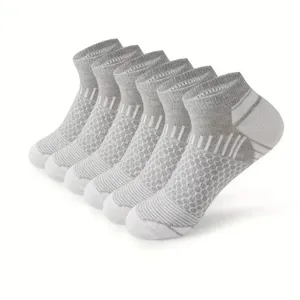 Detailed view of breathable men's sports ankle socks in grey, featuring comfortable mesh design.