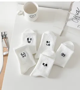 White mid-tube socks for women 2025 spring funny embroidered expressions cotton casual sock