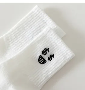 White ribbed cotton socks featuring playful dollar sign embroidered details for daily wear.