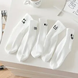 Women white mid-tube socks with funny expression prints casual cotton breathable daily wear 2025
