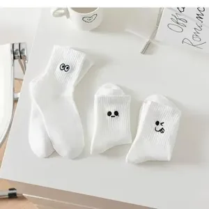Women white mid-tube socks with cute funny embroidered expressions, casual cotton socks.